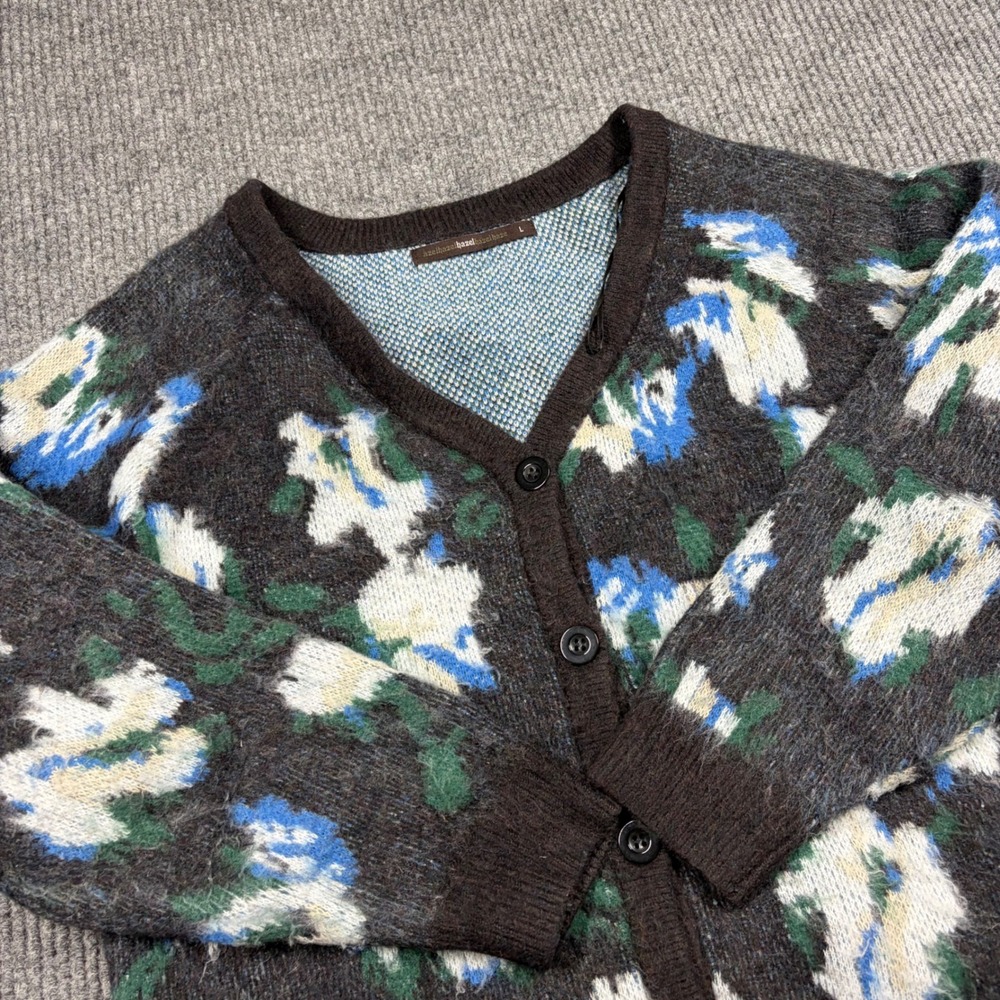 Hazel Floral Knit Cardigan Womens L Sweater Brown Blue White V-Neck Button Up